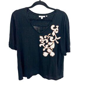 Chico's Black Linen Applique Embellished V-Neck Top Western Boho - Size 3, XL